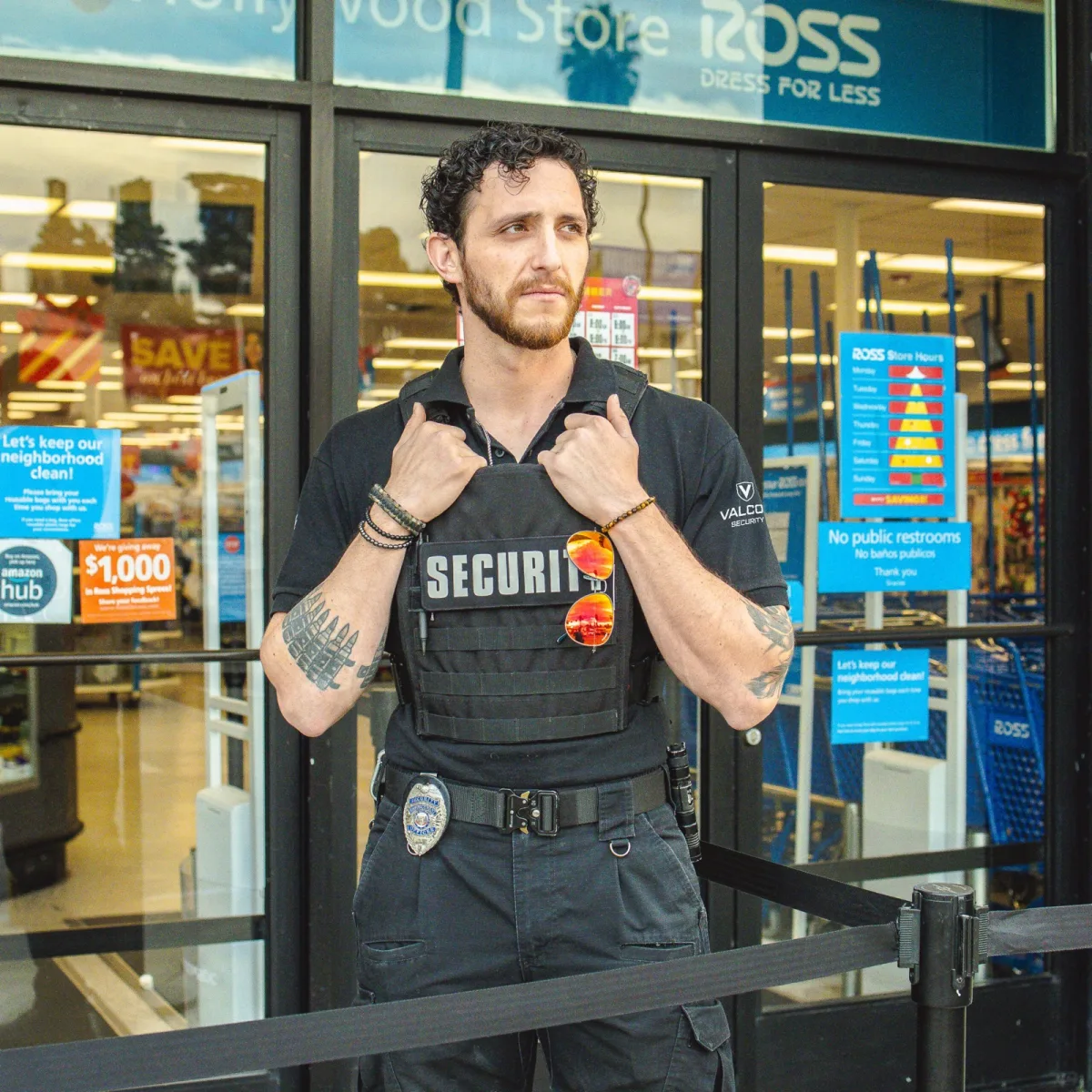 A Valcor Security officer on assignment at a commercial property.