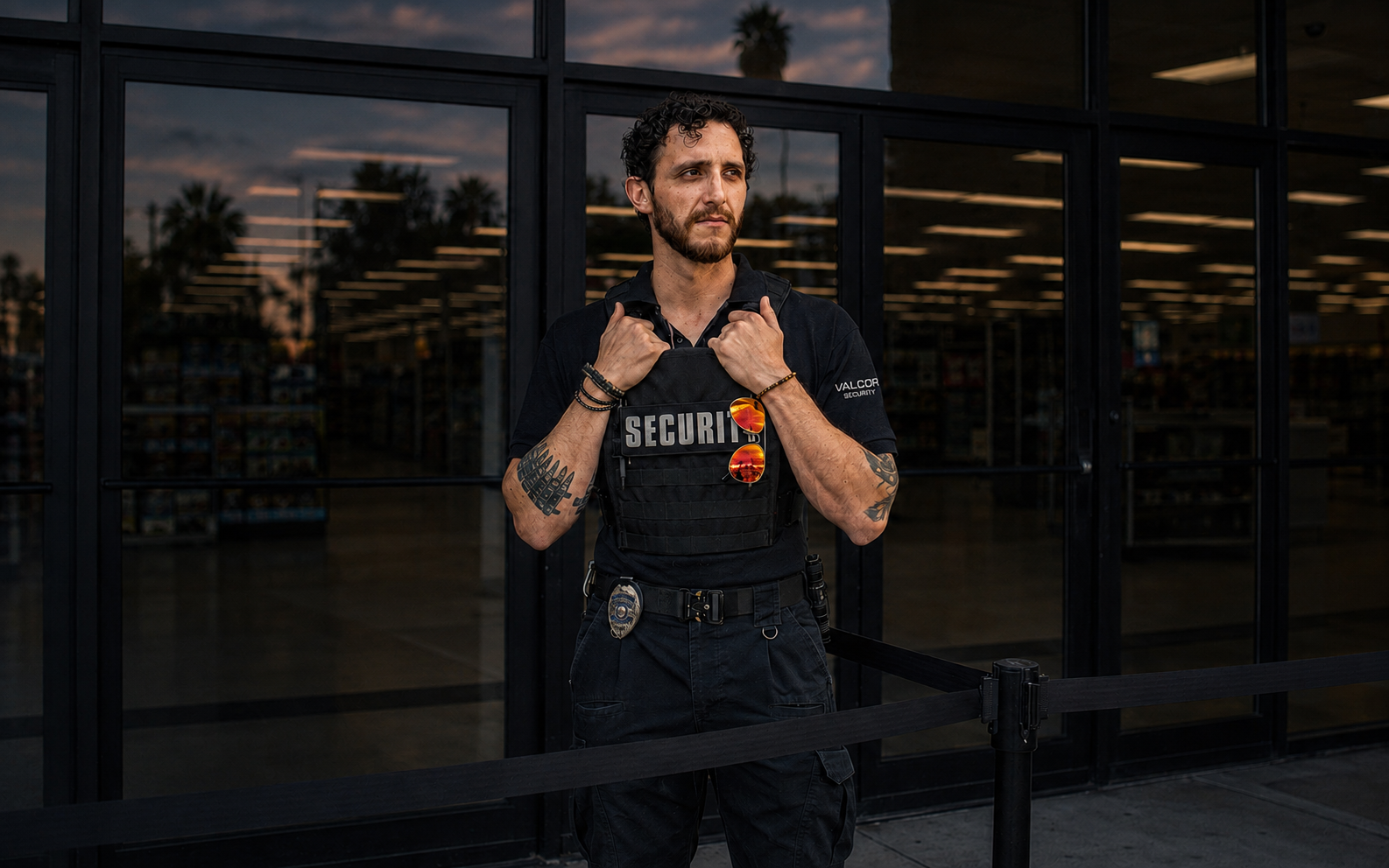 Uniformed Valcor Security officer posted at a retail entrance